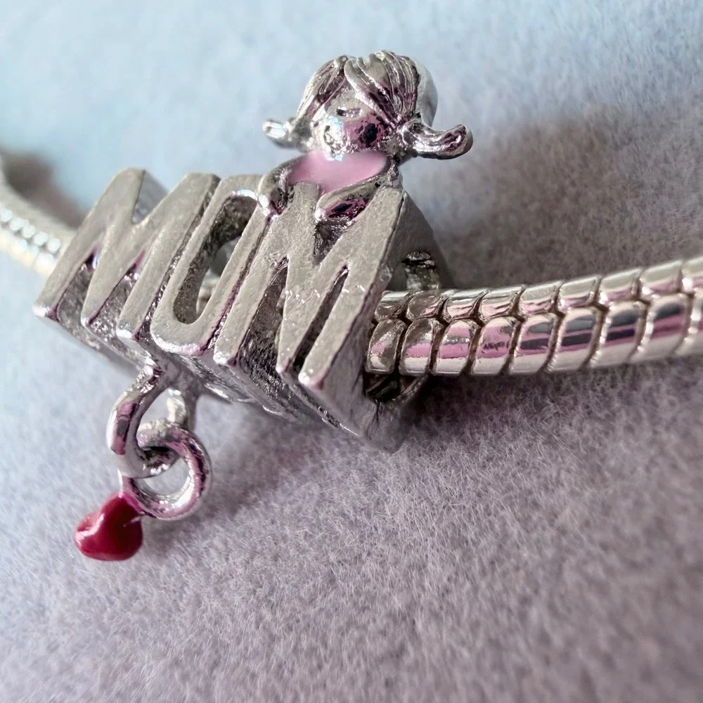 MOM Silver Girl Pink Red Heart Dangle Charm fits PANDORA